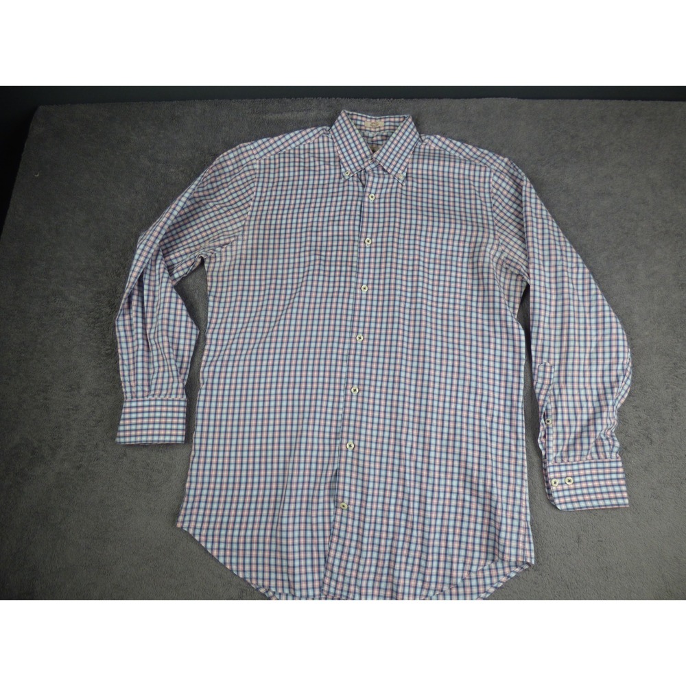 Peter Millar Mens Medium Blue Red Plaid Cotton Button Down Long Sleeve Shirt‎
